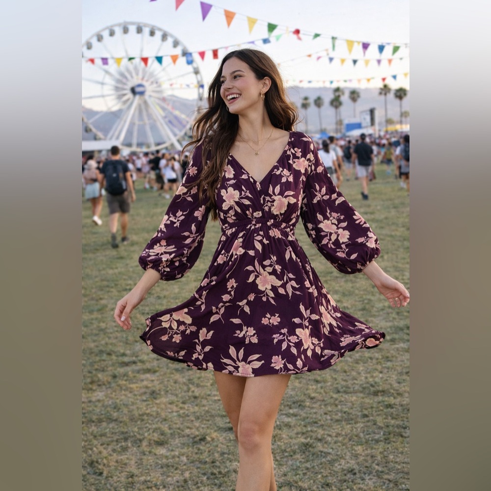 Free People Linen Blend Floral Mini Dress XS Boho Festival Plum